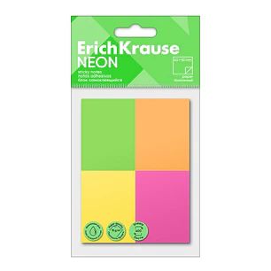 ErichKrause Neon Pack de 4 Blocs de 100 Notas Adhesivas Reposicionables - Papel de 75g/m2 - 40X50mm - Pegamento a Base de Agua - Colores Surtidos