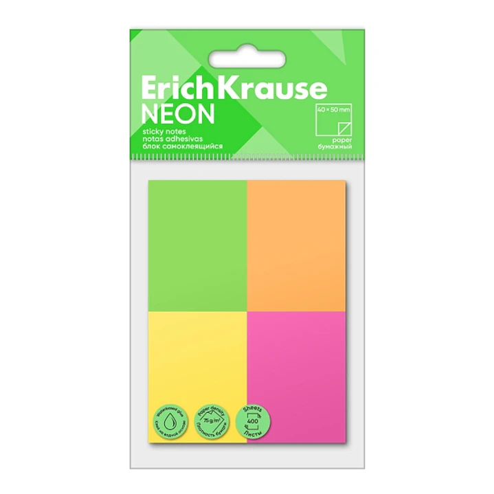 ErichKrause Neon Pack de 4 Blocs de 100 Notas Adhesivas Reposicionables - Papel de 75g/m2 - 40X50mm - Pegamento a Base de Agua - Colores Surtidos 1