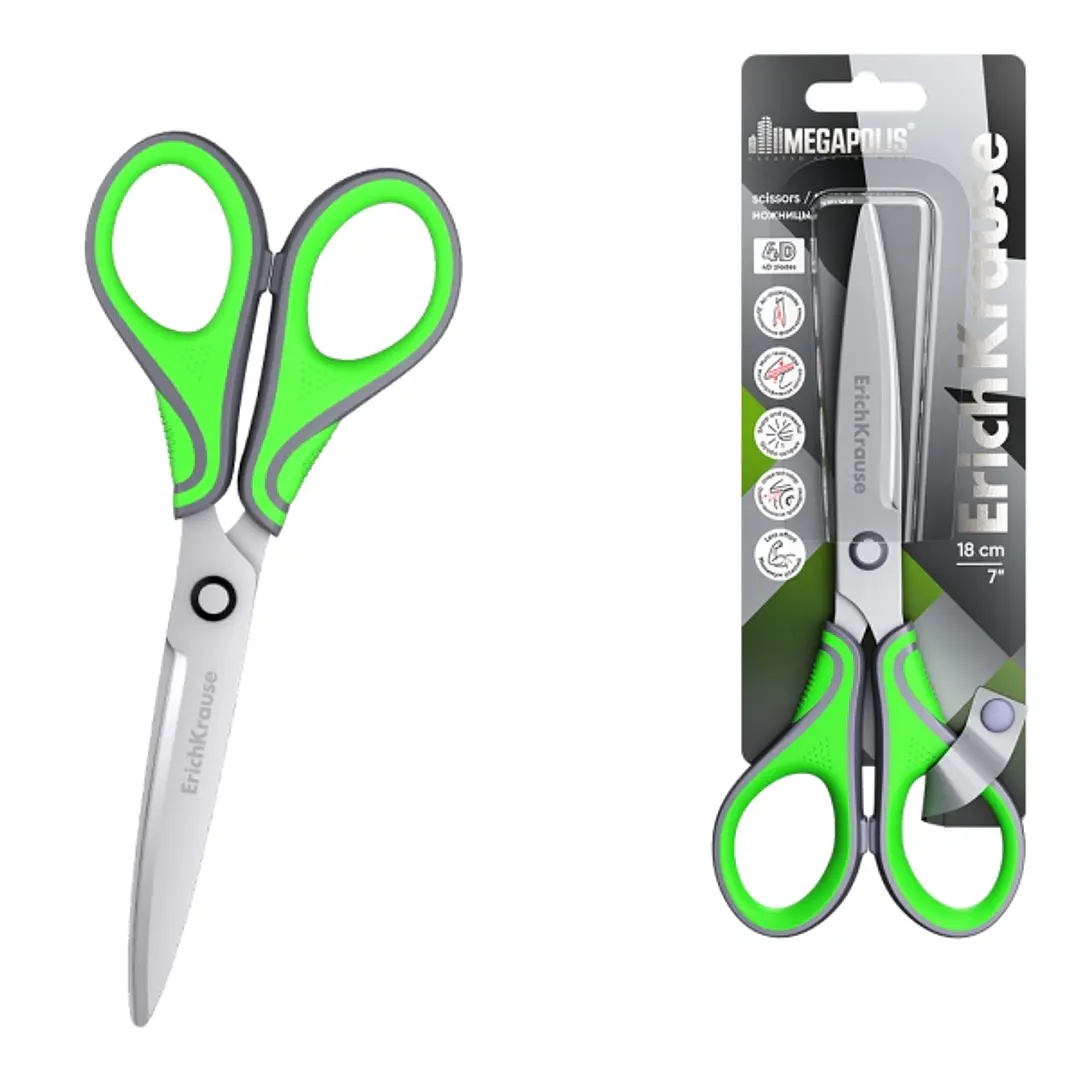 ErichKrause Megapolis Tijeras de 18cm - Mangos de Plastico y Goma Antideslizante - Acero Inoxidable - Ergonomicas - Color Verde 1