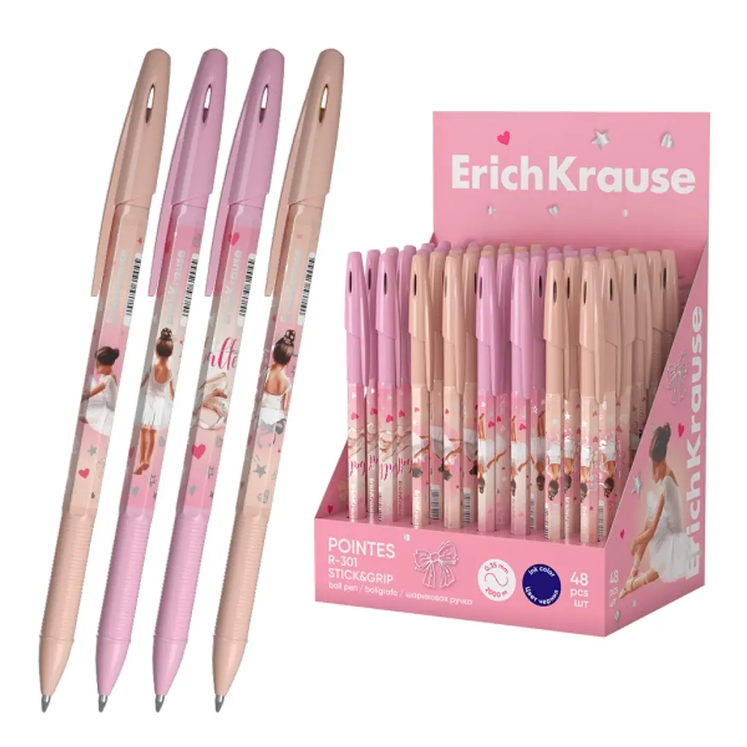 ErichKrause R-301 Stick and Grip Pointes Expositor con 48 Boligrafos con Capuchon - Modelos Surtidos - Trazo 0.35mm - Zona de Agarre de Goma - Tinta d 1