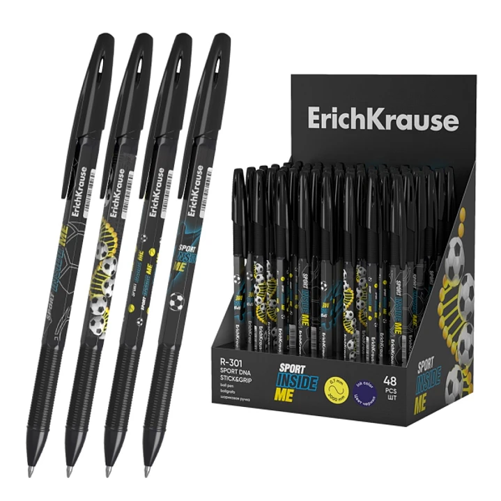ErichKrause R-301 Stick and Grip Sport DNA Expositor con 48 Boligrafos con Capuchon - Modelos Surtidos - Trazo 0.35mm - Zona de Agarre de Goma - Tinta 1