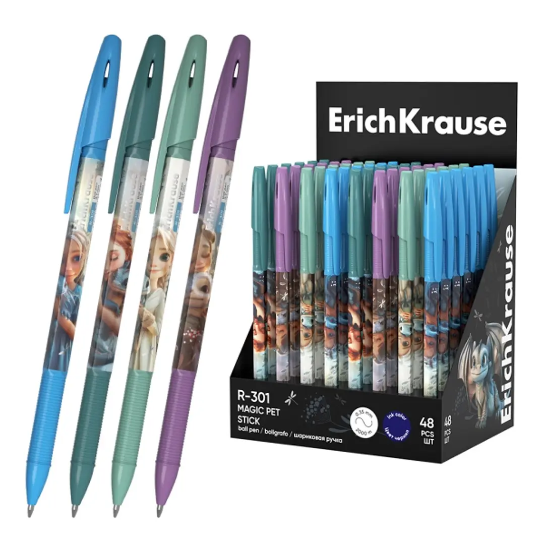 ErichKrause R-301 Stick Magic Pet Expositor con 48 Boligrafos con Capuchon - Modelos Surtidos - Trazo 0.35mm - Tinta de Secado Rapido - Tapa Ventilada 1