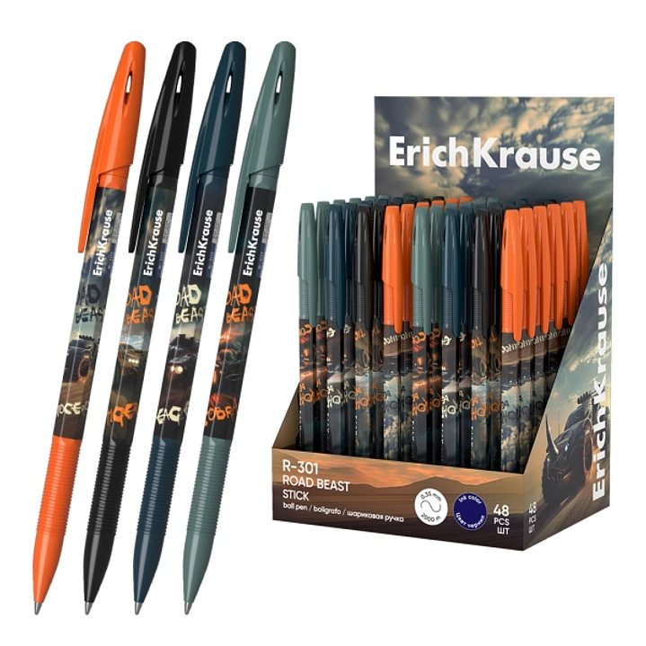 ErichKrause R-301 Stick Road Beast Expositor con 48 Boligrafos con Capuchon - Modelos Surtidos - Trazo 0.35mm - Tinta de Secado Rapido - Tapa Ventilad 1