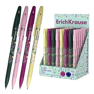 ErichKrause R-301 Stick Floral Soul Expositor con 48 Boligrafos con Capuchon - Modelos Surtidos - Trazo 0.35mm - Tinta de Secado Rapido - Tapa Ventila