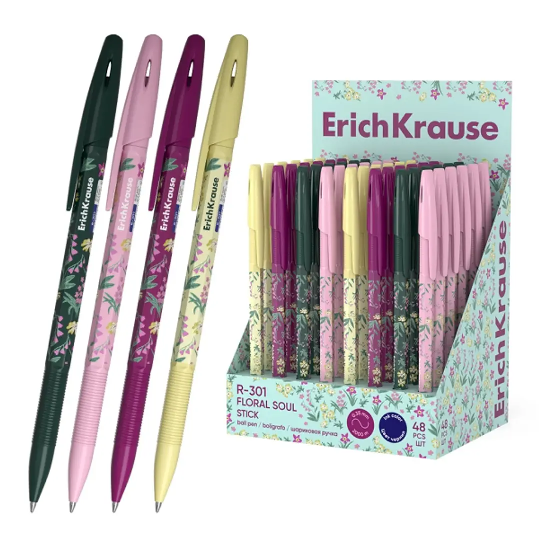 ErichKrause R-301 Stick Floral Soul Expositor con 48 Boligrafos con Capuchon - Modelos Surtidos - Trazo 0.35mm - Tinta de Secado Rapido - Tapa Ventila 1