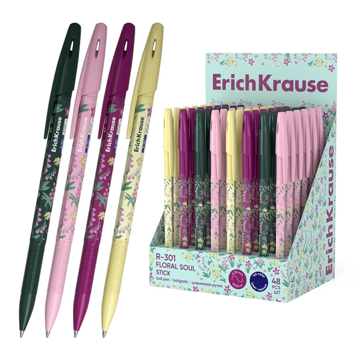 ErichKrause R-301 Stick Floral Soul Expositor con 48 Boligrafos con Capuchon - Modelos Surtidos - Trazo 0.35mm - Tinta de Secado Rapido - Tapa Ventila 1