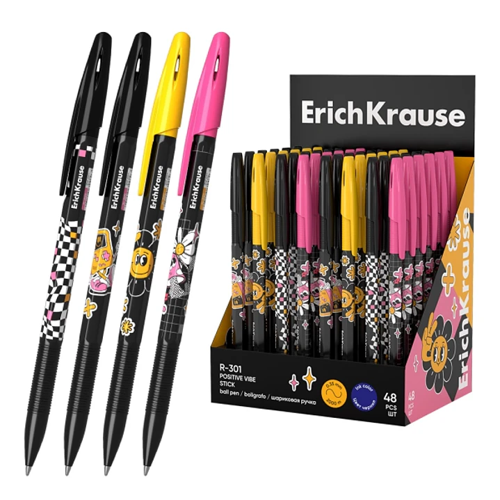 ErichKrause R-301 Stick Positive Vibe Expositor con 48 Boligrafos con Capuchon - Modelos Surtidos - Trazo 0.35mm - Tinta de Secado Rapido - Tapa Venti 1