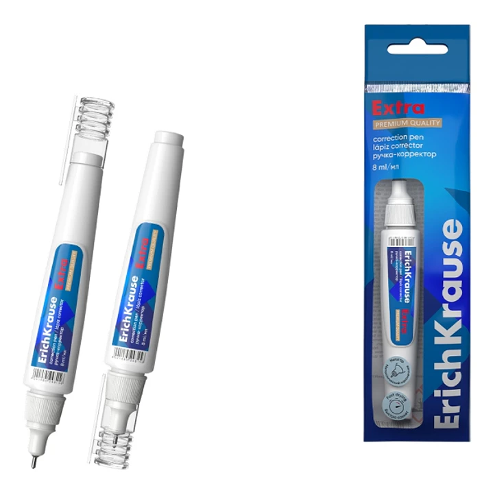 ErichKrause Extra Boligrafo Corrector - Capacidad 8ml - Punta de Metal - Presentado en Blister - Secado Rapido - Color Blanco 1
