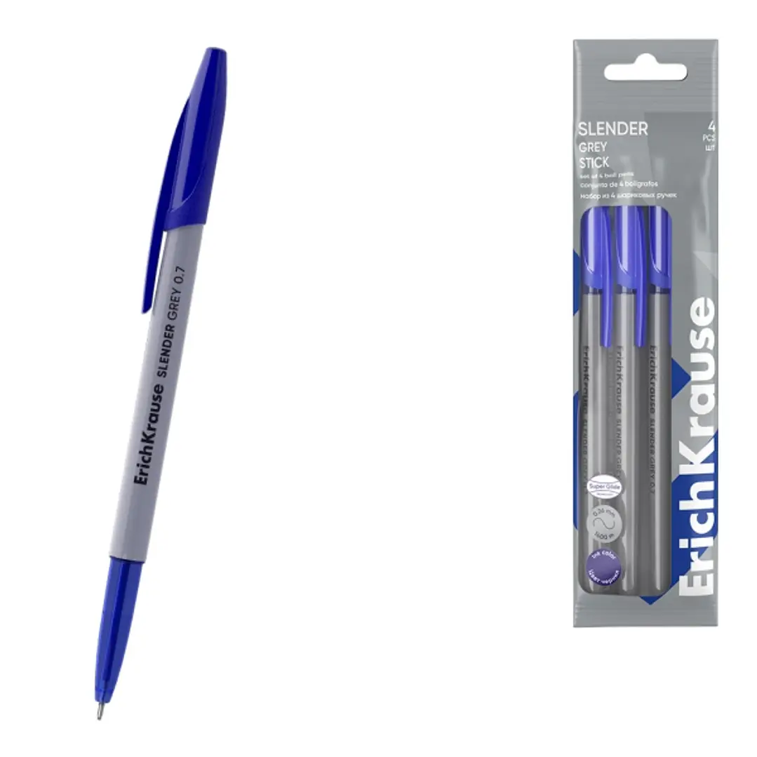 ErichKrause Slender Stick Grey Pack de 4 Boligrafos con Capuchon - Punta de Aguja 0.7mm - Cuerpo Opaco Gris - Trazo 0.26mm - Tinta de Baja Viscosidad  1