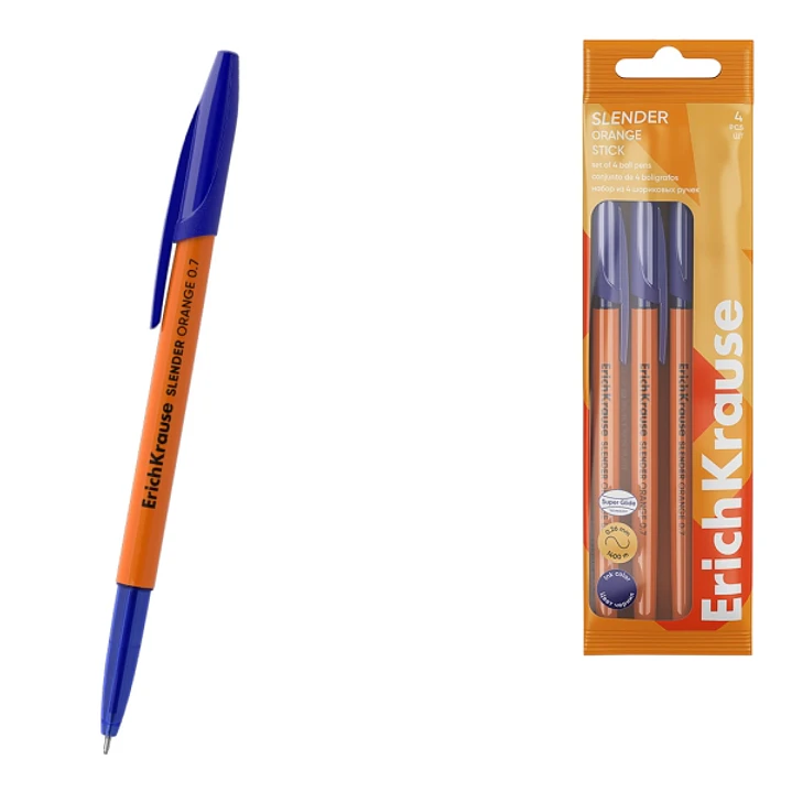 ErichKrause Slender Stick Orange Pack de 4 Boligrafos con Capuchon - Punta de Aguja 0.7mm - Cuerpo Opaco Naranja - Trazo 0.26mm - Tinta de Baja Viscos 1