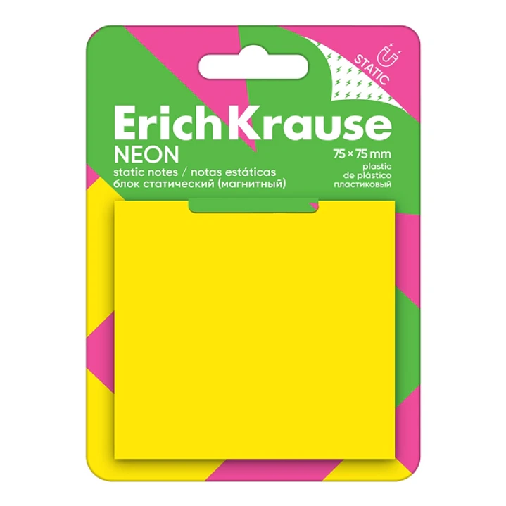 ErichKrause Neon Bloc de 50 Notas Adhesivas Reposicionables - Plastico - 75x75mm - Pegamento a Base de Agua - Color Amarillo 1