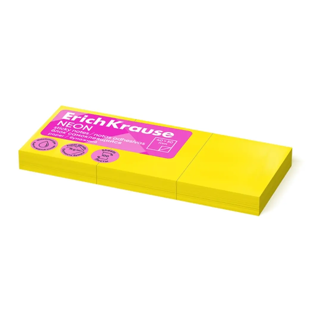 ErichKrause Neon Pack de 3 Blocs de 100 Notas Adhesivas Reposicionables - Papel de 75g/m2 - 40X50mm - Pegamento a Base de Agua - Color Amarillo 1