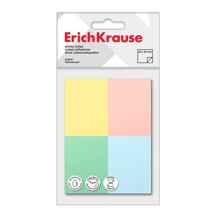 ErichKrause Pack de 4 Blocs de 100 Notas Adhesivas Reposicionables - Papel de 75g/m2 - 40X50mm - Pegamento a Base de Agua - Colores Surtidos 1