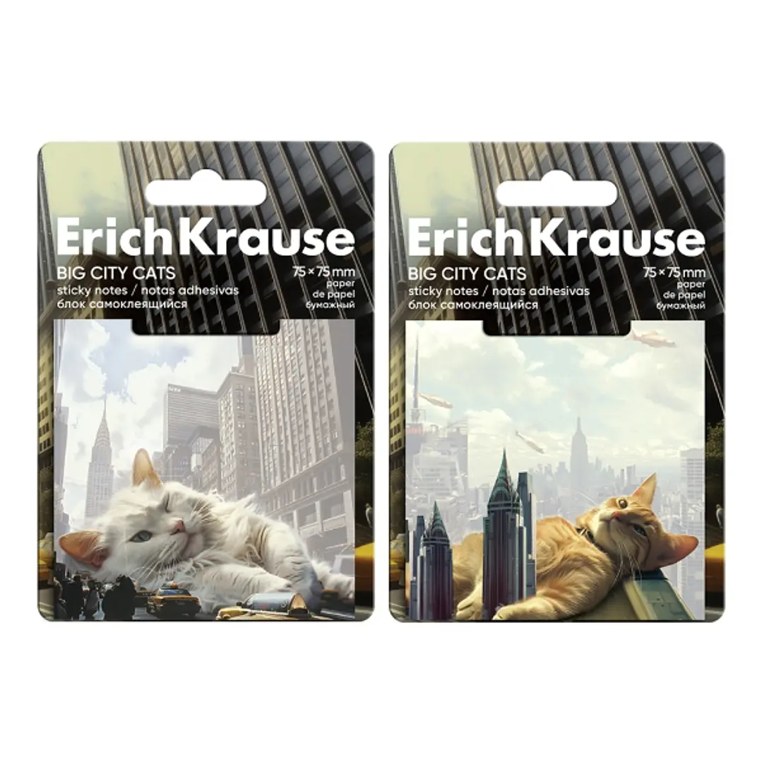ErichKrause Big City Cats Bloc de 50 Notas Adhesivas Reposicionables - Papel de 75g/m2 - 75x75mm - Pegamento a Base de Agua - Colores Surtidos 1