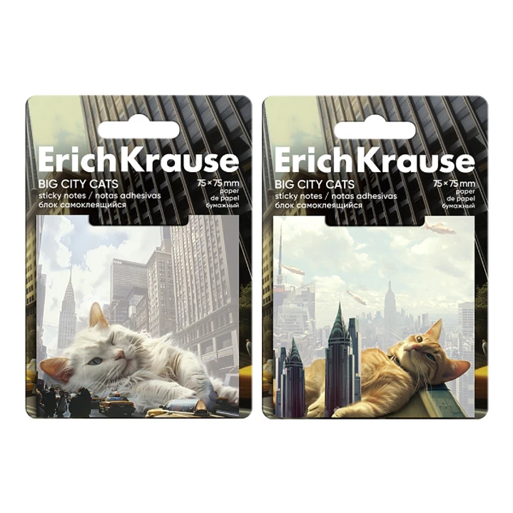 ErichKrause Big City Cats Bloc de 50 Notas Adhesivas Reposicionables - Papel de 75g/m2 - 75x75mm - Pegamento a Base de Agua - Colores Surtidos 1