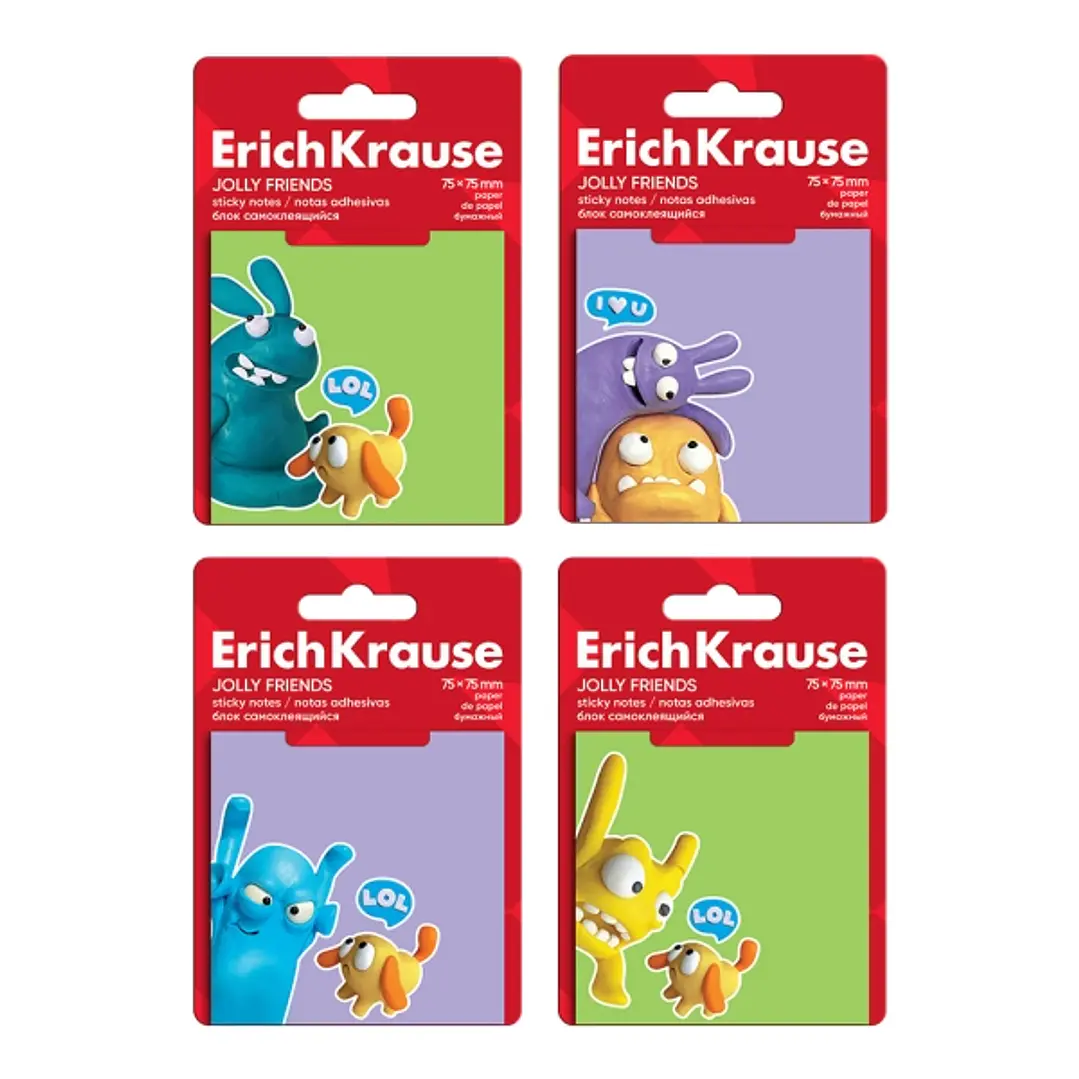ErichKrause Jolly Friends Bloc de 50 Notas Adhesivas Reposicionables - Papel de 75g/m2 - 75x75mm - Pegamento a Base de Agua - Colores Surtidos 1