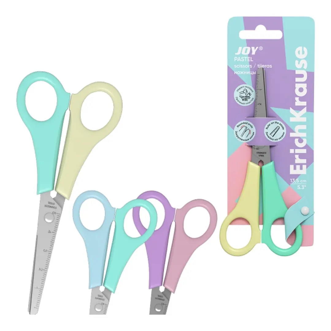 ErichKrause JOY Pastel Tijeras de 13.5cm - Puntas Redondeadas - Regla de 5cm en la Hoja - Mangos de Plastico Resistente a Golpes - Acero Inoxidable -  1