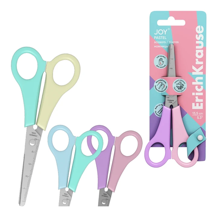 ErichKrause JOY Pastel Tijeras de 13.5cm para Zurdos - Puntas Redondeadas - Mangos de Plastico Resistente a Golpes - Acero Inoxidable - Ergonomicas -  1