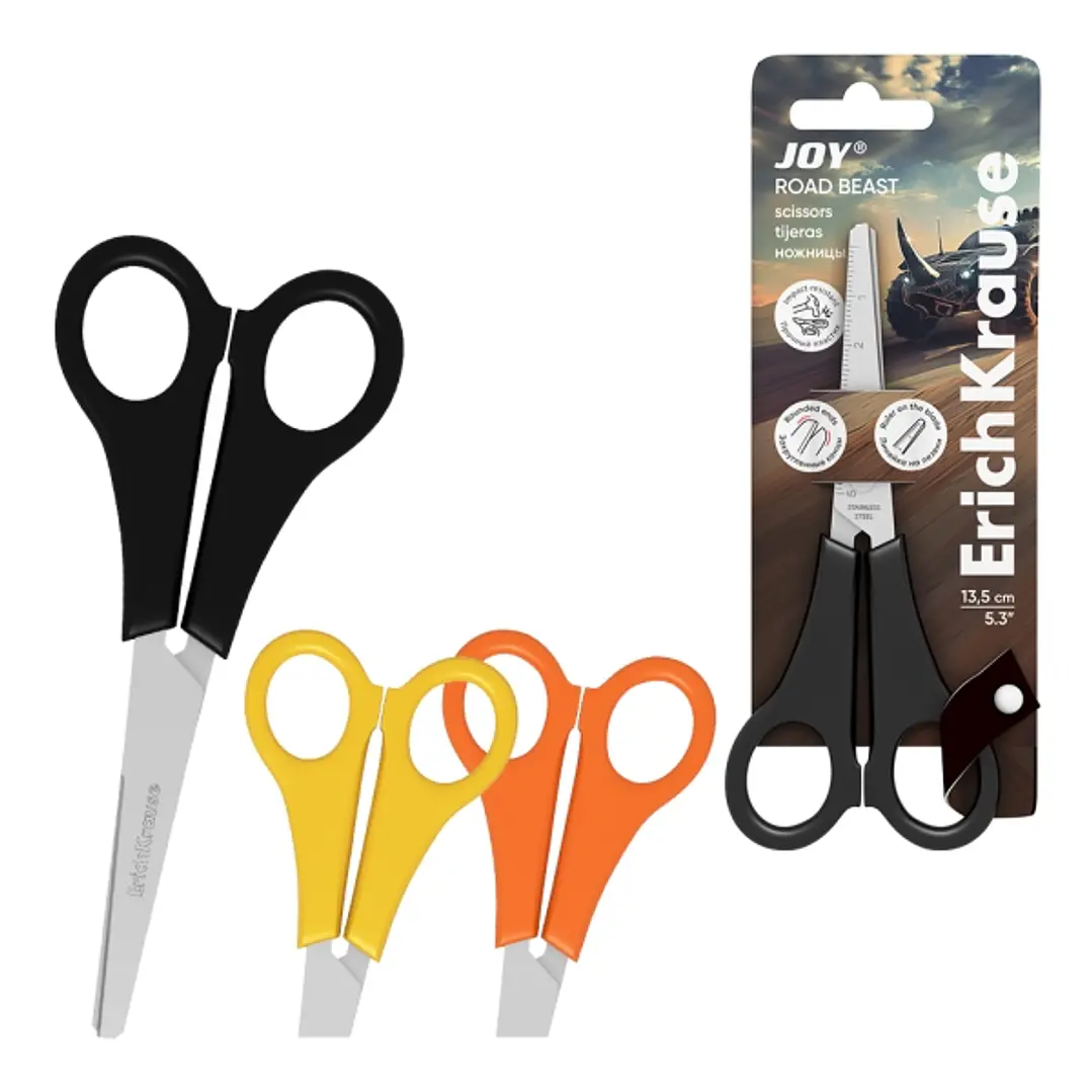 ErichKrause JOY Road Beast Tijeras de 13.5cm - Puntas Redondeadas - Regla de 5cm en la Hoja - Mangos de Plastico Resistente a Golpes - Acero Inoxidabl 1