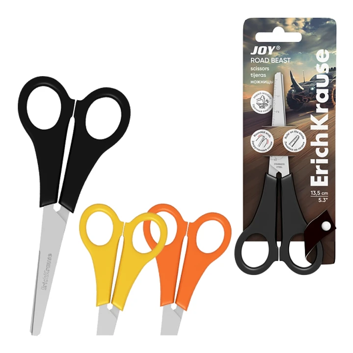 ErichKrause JOY Road Beast Tijeras de 13.5cm - Puntas Redondeadas - Regla de 5cm en la Hoja - Mangos de Plastico Resistente a Golpes - Acero Inoxidabl 1