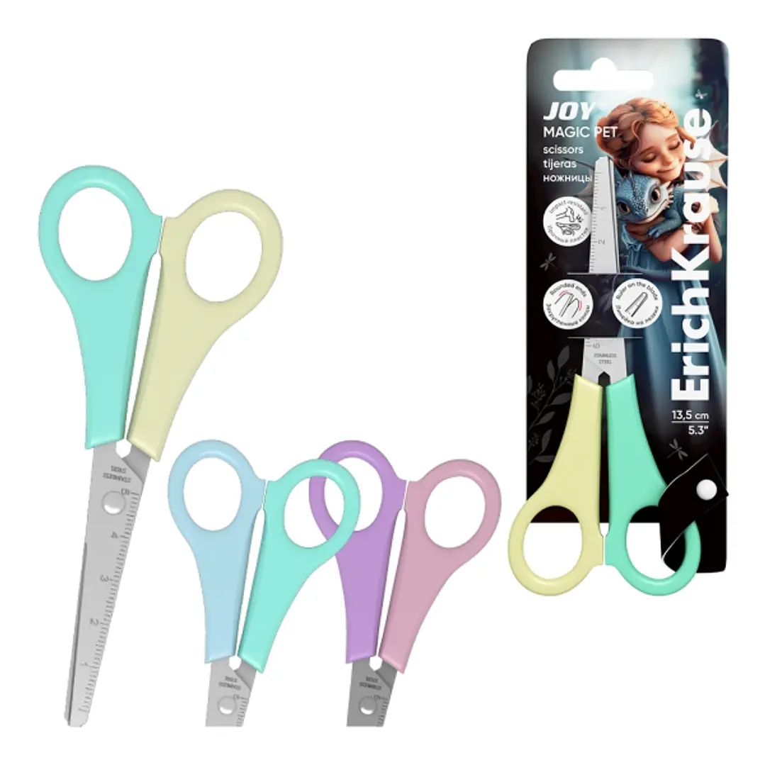 ErichKrause JOY Magic Pet Tijeras de 13.5cm - Puntas Redondeadas - Regla de 5cm en la Hoja - Mangos de Plastico Resistente a Golpes - Acero Inoxidable 1