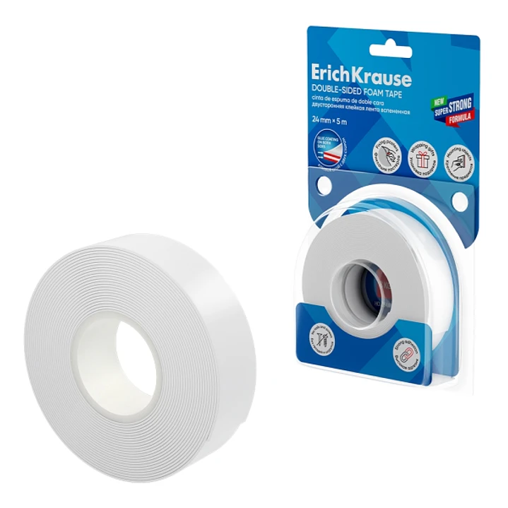 ErichKrause Cinta Adhesiva de Doble Cara - Espuma - Soporta hasta 8kg/m2 - 1mm de Grosor - 24mm de Ancho - 5 Metros - Alta Adhesion - Resistente al De 1