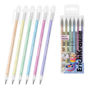 ErichKrause Milky Pack de 6 Boligrafos con Capuchon - Punta de 1.0mm - Trazo 1mm - Tinta de Gel - Resistente al Agua - Secado Rapido - Colores Surtido