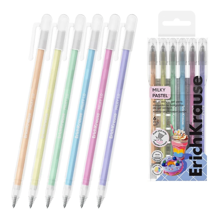 ErichKrause Milky Pack de 6 Boligrafos con Capuchon - Punta de 1.0mm - Trazo 1mm - Tinta de Gel - Resistente al Agua - Secado Rapido - Colores Surtido 1