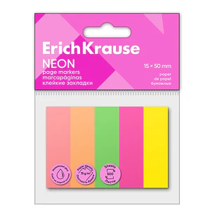 ErichKrause Neon Pack de 5 Blocs de 100 Marcadores de Pagina - Reposicionables - Papel de 75g/m2 - 15X50mm - Colores Surtidos