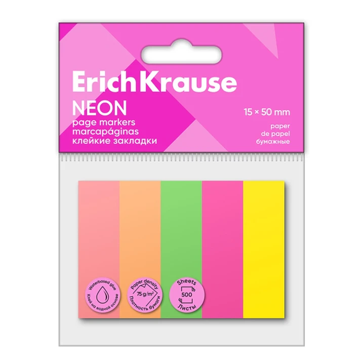 ErichKrause Neon Pack de 5 Blocs de 100 Marcadores de Pagina - Reposicionables - Papel de 75g/m2 - 15X50mm - Colores Surtidos 1