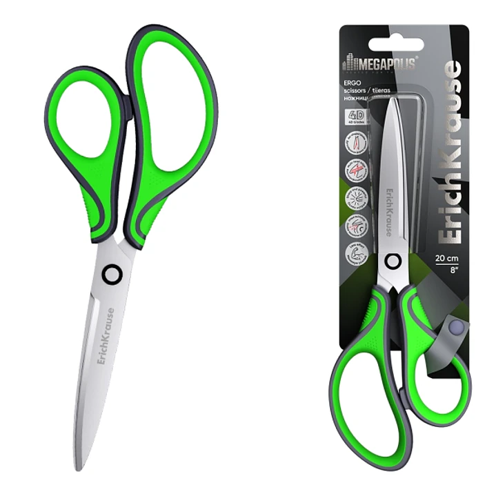 ErichKrause Megapolis Ergo Tijeras de 20cm - Mangos de Plastico y Goma Antideslizante - Acero Inoxidable - Ergonomicas - Color Verde 1