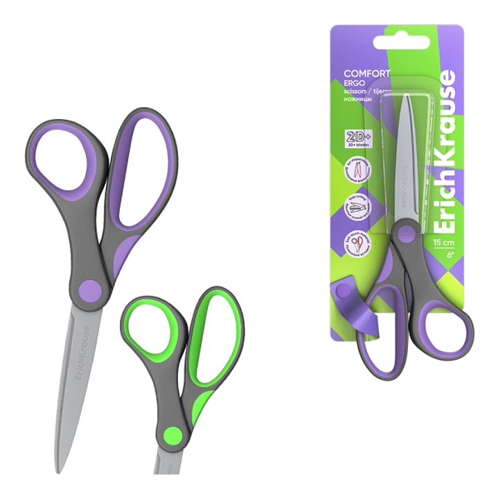 ErichKrause Comfort Tijeras de 15cm - Mangos de Plastico y Goma Antideslizante - Afilado Doble - Acero Inoxidable - Ergonomicas - Colores Surtidos 1