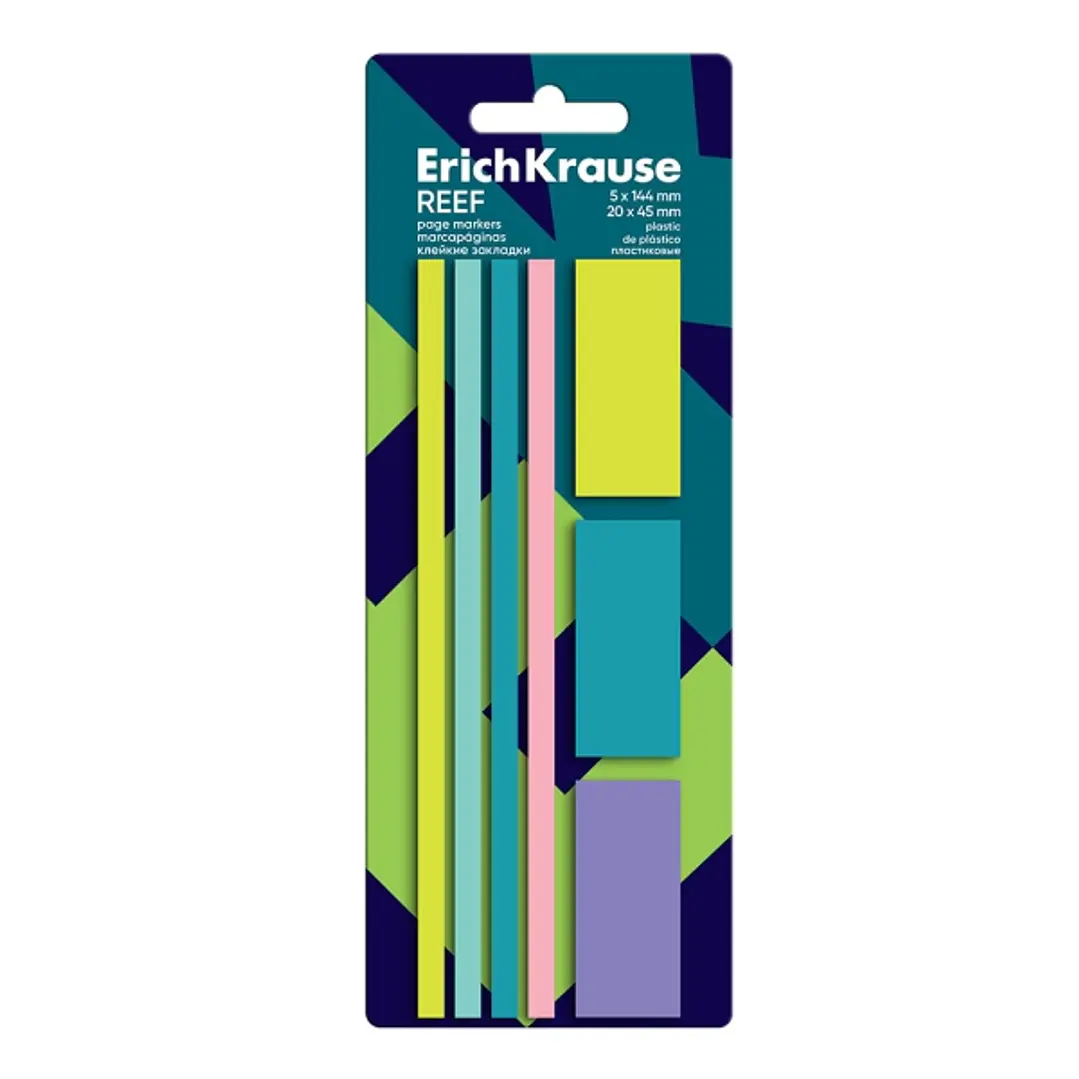 ErichKrause Reef Pack de 7 Blocs de 20 Marcadores de Pagina - Reposicionables - Plastico - 2 Formatos Diferentes - Colores Surtidos 1