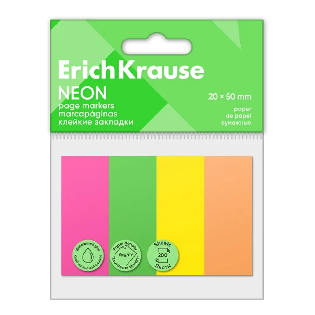 ErichKrause Neon Pack de 4 Blocs de 50 Marcadores de Pagina - Reposicionables - Papel de 75g/m2 - 20X50mm - Pegamento a Base de Agua - Colores Surtido 1