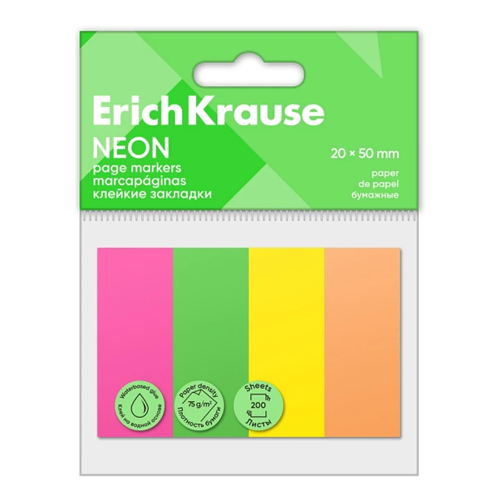 ErichKrause Neon Pack de 4 Blocs de 50 Marcadores de Pagina - Reposicionables - Papel de 75g/m2 - 20X50mm - Pegamento a Base de Agua - Colores Surtido 1