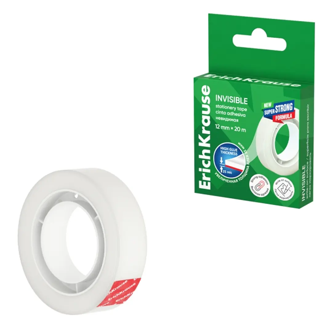 ErichKrause Invisible Cinta Adhesiva - Alta Adhesion - 12mm de Ancho - 20 Metros - Superficie Mate Antideslumbrante - Color Transparente 1