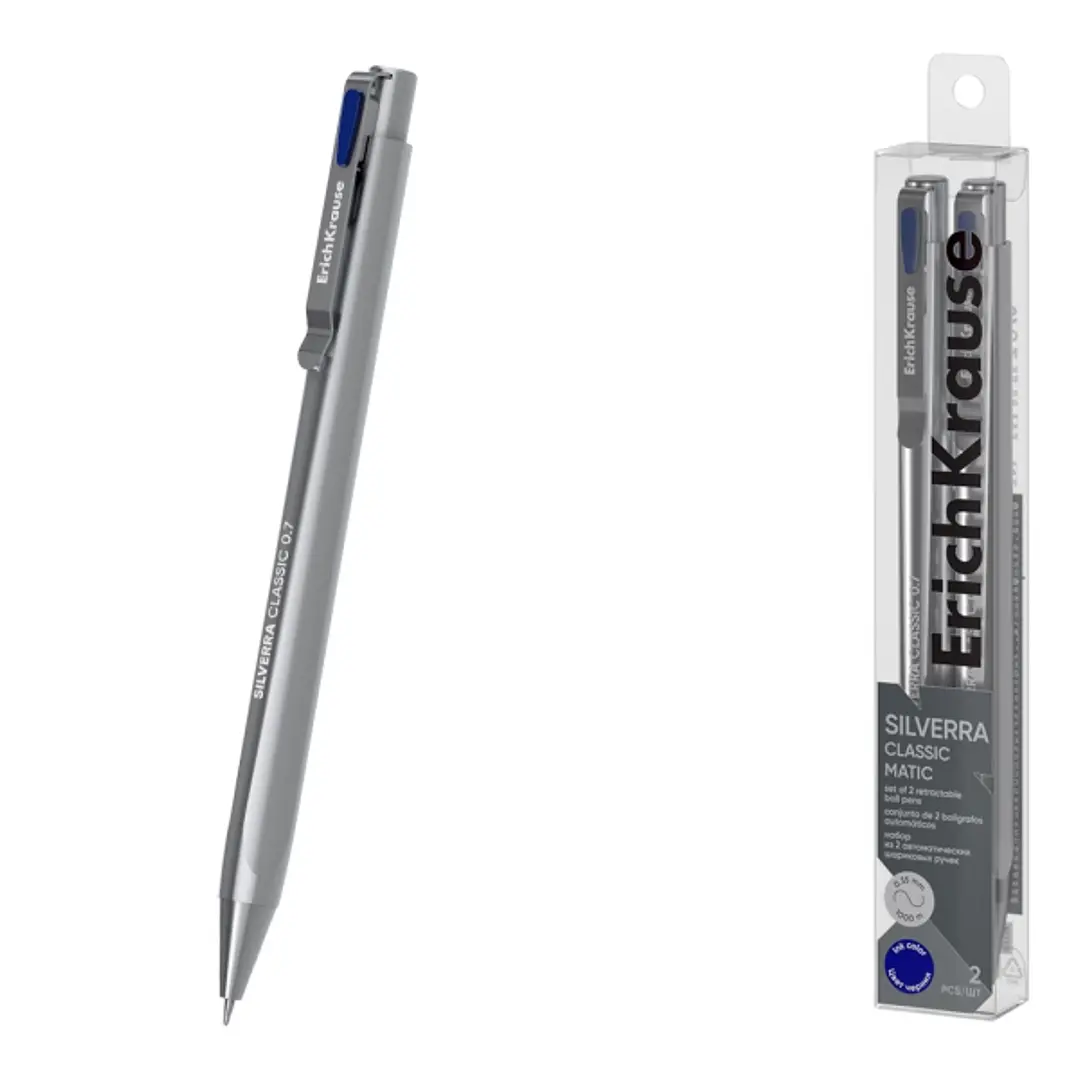 ErichKrause Silverra Matic Classic Pack de 2 Boligrafos Retractiles - Punta de 0.7mm - Cuerpo Gris - Trazo 0.35mm - Color Azul 1