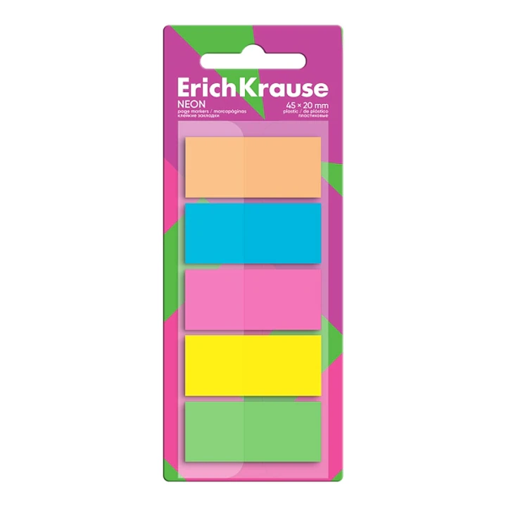 ErichKrause Neon Pack de 5 Blocs de 20 Marcadores de Pagina - Reposicionables - Plastico - 20x45mm - Colores Surtidos 1