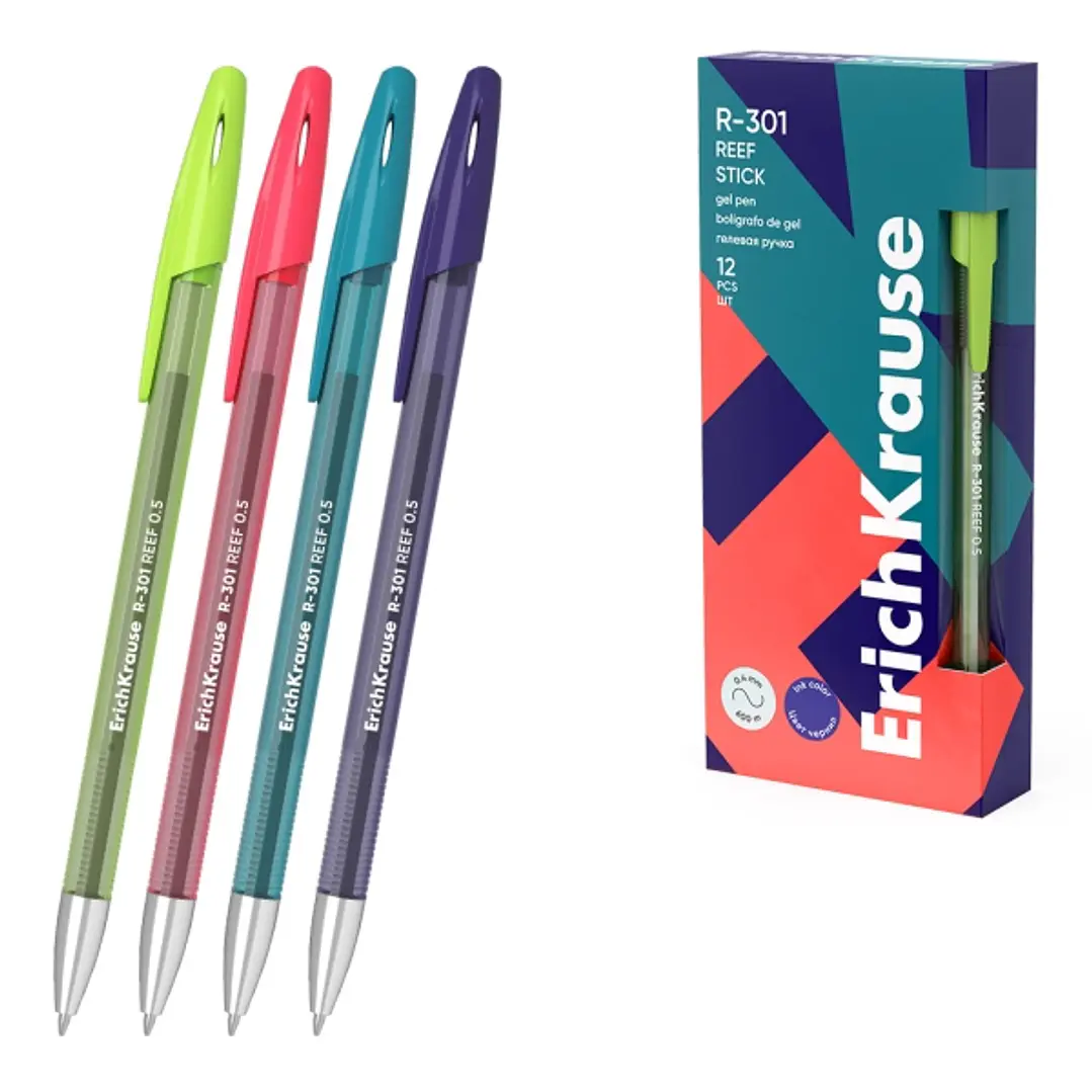 ErichKrause R-301 Gel Stick Reef Boligrafo con Capuchon - Modelos Surtidos - Trazo 0.4mm - Tinta de Gel - Resistente al Agua - Secado Rapido - Tapa Ve 1