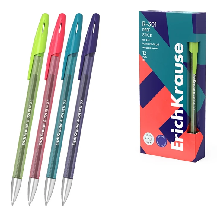 ErichKrause R-301 Gel Stick Reef Boligrafo con Capuchon - Modelos Surtidos - Trazo 0.4mm - Tinta de Gel - Resistente al Agua - Secado Rapido - Tapa Ve 1