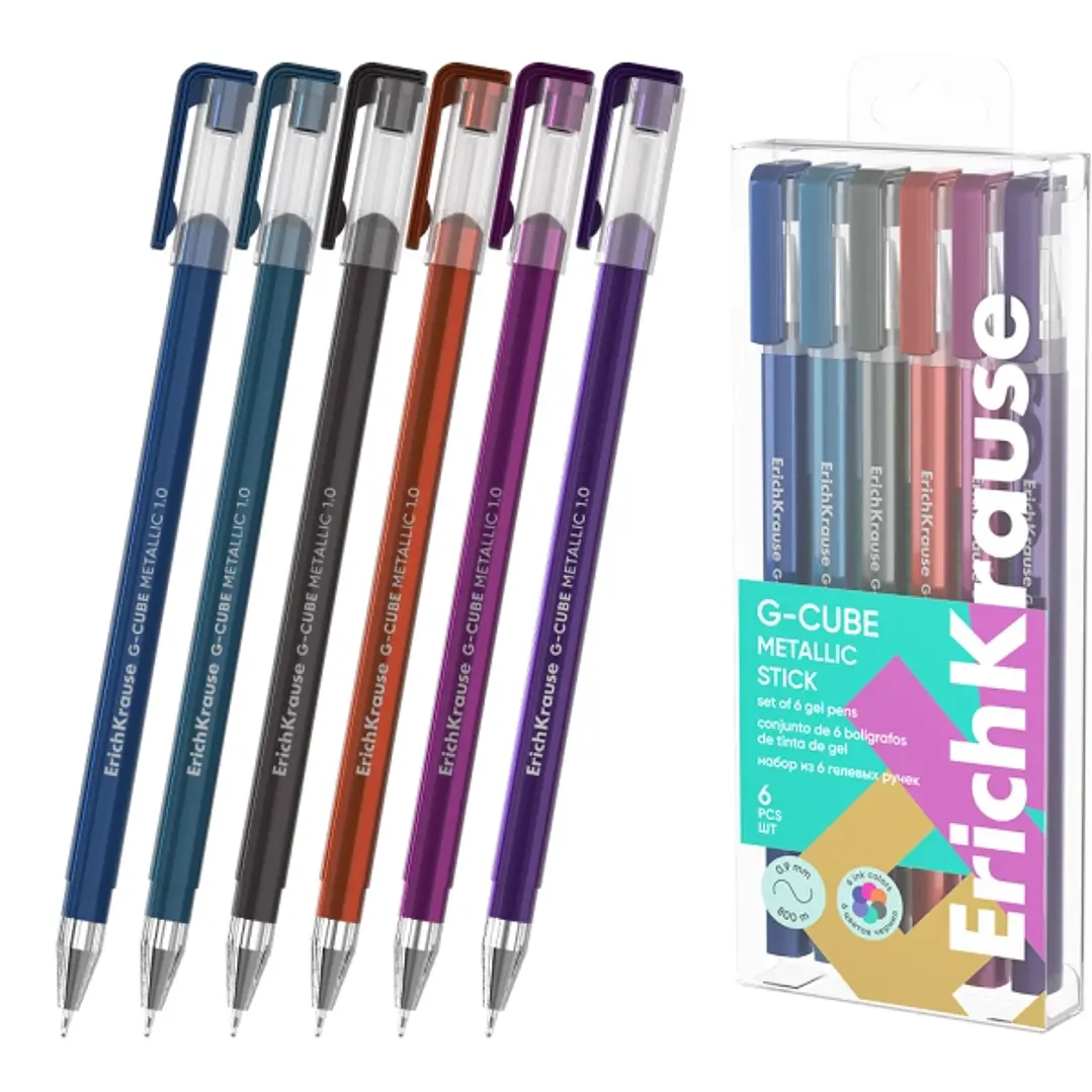 ErichKrause G-Cube Stick Metallic Pack de 6 Boligrafos con Capuchon - Punta de 1.0mm - Trazo 0.9mm - Tapa Ventilada - Colores Surtidos 1