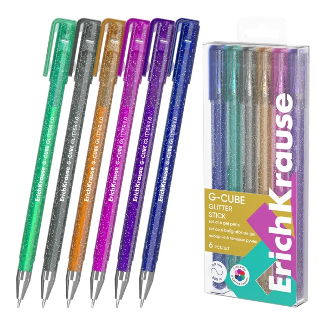 ErichKrause G-Cube Stick Glitter Pack de 6 Boligrafos con Capuchon - Punta de 1.0mm - Trazo 0.9mm - Tapa Ventilada - Colores Surtidos 1