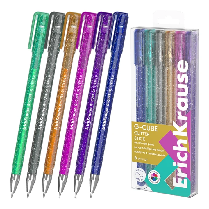 ErichKrause G-Cube Stick Glitter Pack de 6 Boligrafos con Capuchon - Punta de 1.0mm - Trazo 0.9mm - Tapa Ventilada - Colores Surtidos 1