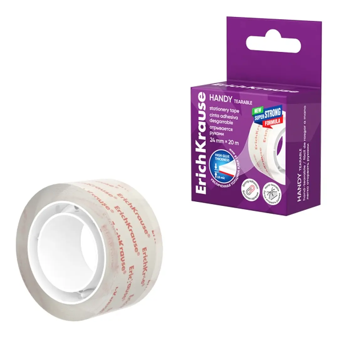 ErichKrause Handy tearable Cinta Adhesiva - Alta Adhesion - 24mm de Ancho - 20 Metros - Resistente al Desgarro Longitudinal - Color Transparente 1