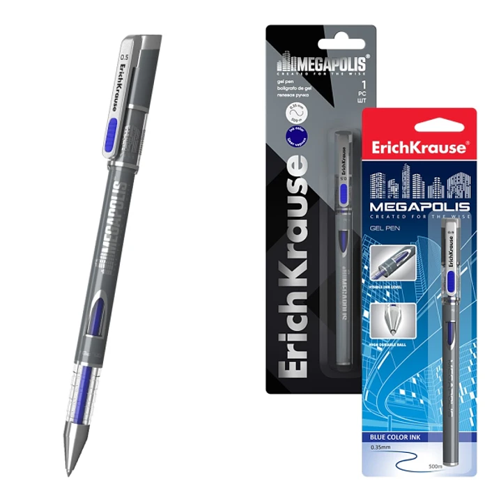 ErichKrause Megapolis Boligrafo con Capuchon - Punta de 0.5mm - Trazo 0.35mm - Tinta de Gel - Resistente al Agua - Secado Rapido - Color Azul 1