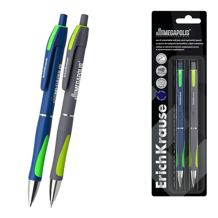 ErichKrause Megapolis Pack de Boligrafo Retractil y Portaminas - Punta de 0.7mm - Trazo 0.35mm - Mina HB 0.5mm - Color Azul 1