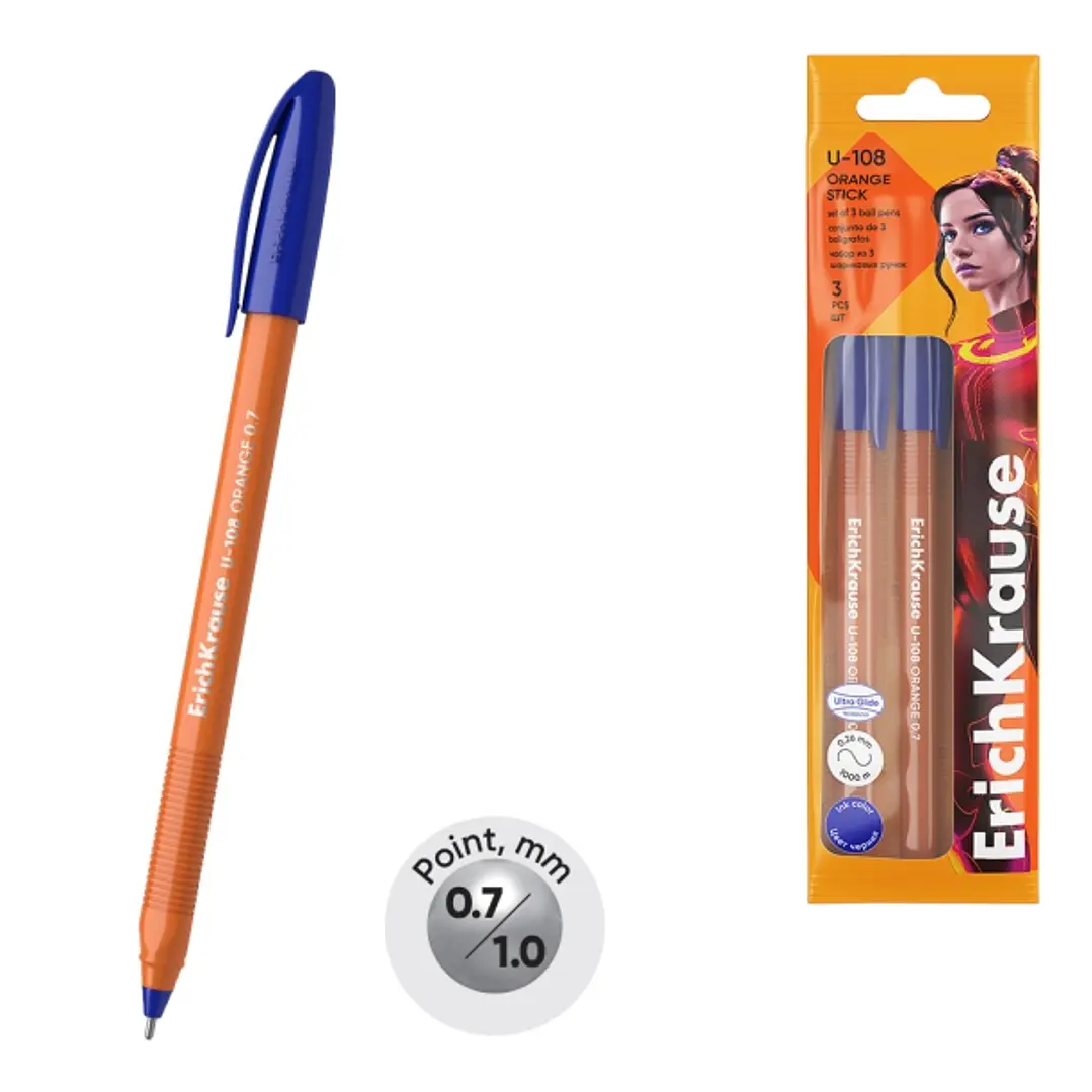 ErichKrause U-108 Stick Orange Pack de 3 Boligrafos con Capuchon - Punta de 0.7mm - Cuerpo Opaco Naranja - Trazo 0.26mm - Tinta de Baja Viscosidad - T 1