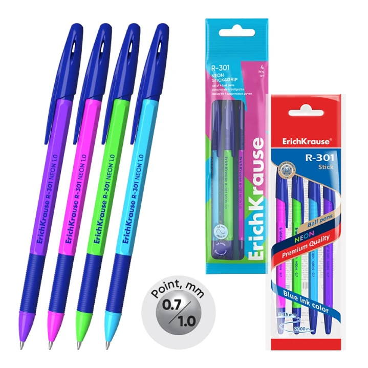 ErichKrause R-301 Stick and Grip Neon Pack de 4 Boligrafos con Capuchon - Modelos Surtidos - Trazo 0.5mm - Zona de Agarre de Goma - Tinta de Secado Ra 1