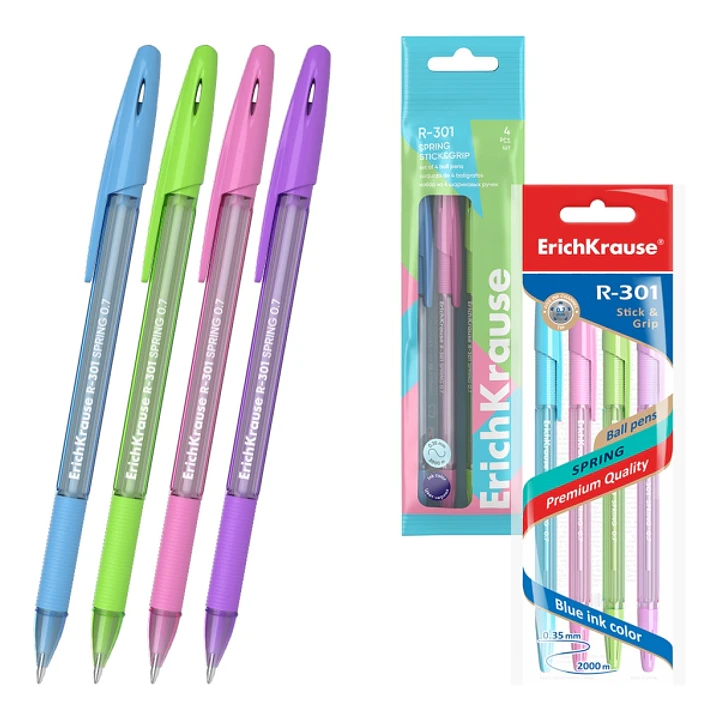 ErichKrause R-301 Stick and Grip Spring Pack de 4 Boligrafos con Capuchon - Modelos Surtidos - Trazo 0.35mm - Zona de Agarre de Goma - Color Azul 1