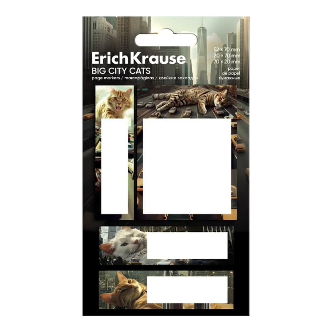 ErichKrause Big City Cats Pack de 4 Blocs de 20 Marcadores de Pagina - Reposicionables - Papel de 75g/m2 - 3 Formatos Diferentes - Colores Surtidos 1